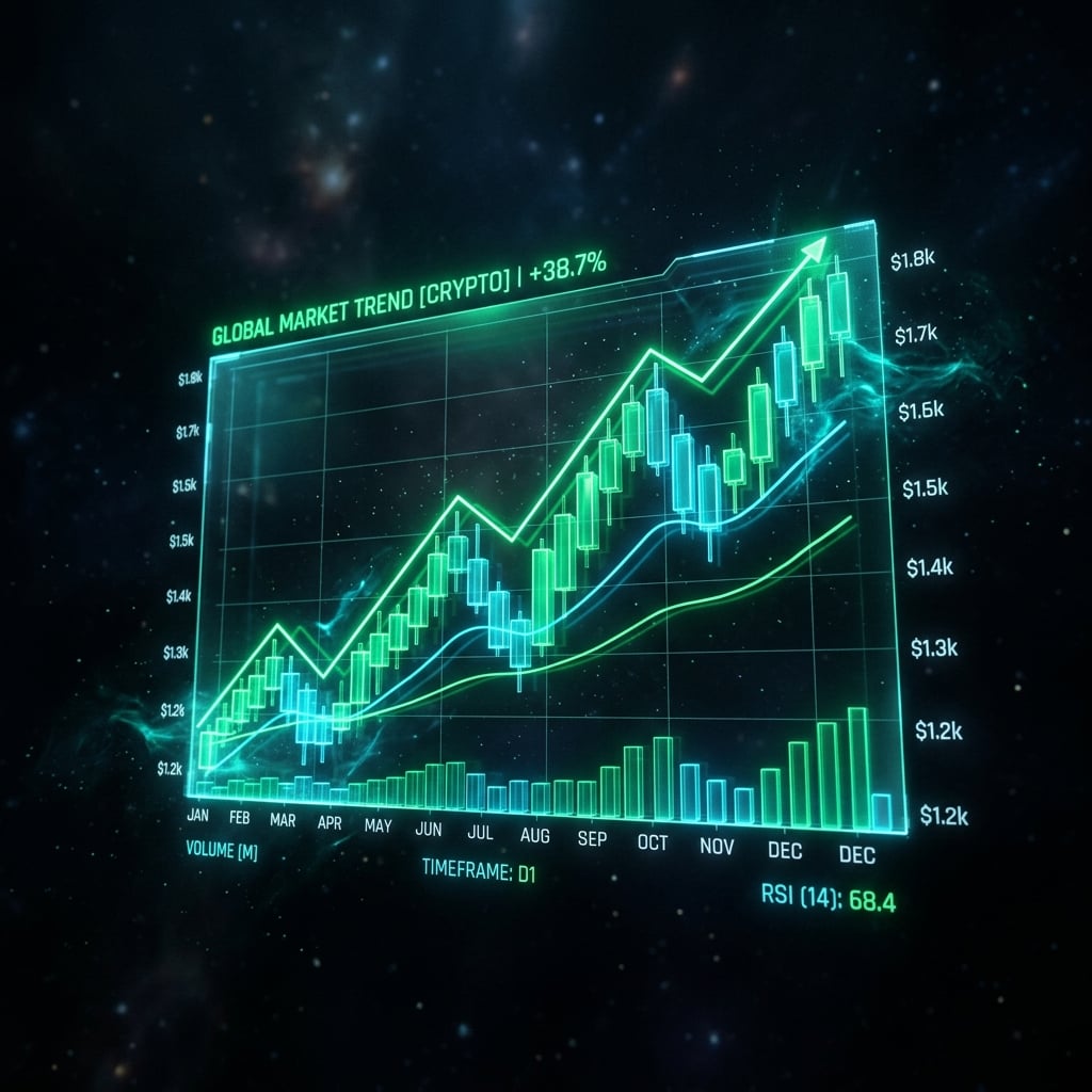 3D holographic trading chart visualization with emerald green candlesticks and trend analysis
